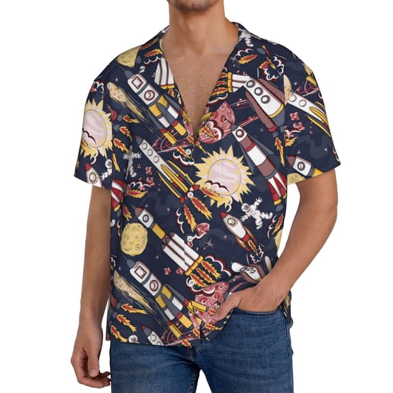 KLL Cartoon Space 1 Print Men's Shirt Short Sleeve Button Down Summer Cuba Beach Shirts- XX-Large