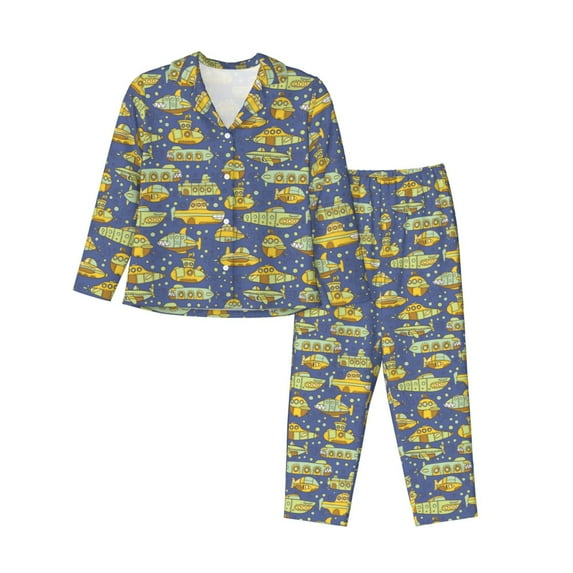 KLL Cartoon Submarines Print Women's Long Sleeve Pajamas with Pants Sleepwear Loungewear 2 Set-Large