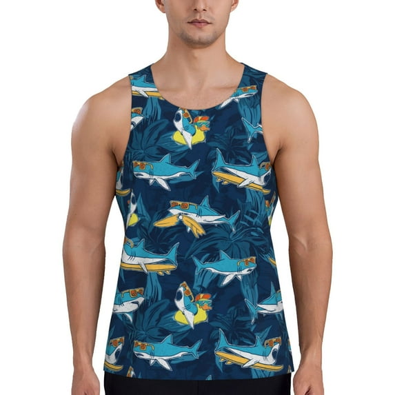 KLL Cartoon Surfer Sharks Print Men's Muscle Gym Workout Stringer Tank Tops Bodybuilding Fitness T-Shirts Tank Tops Men-XX-Large