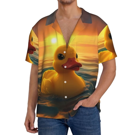KLL Cartoon Swimming Yellow Duck Print Men's Shirt Short Sleeve Button Down Summer Cuba Beach Shirts- Large