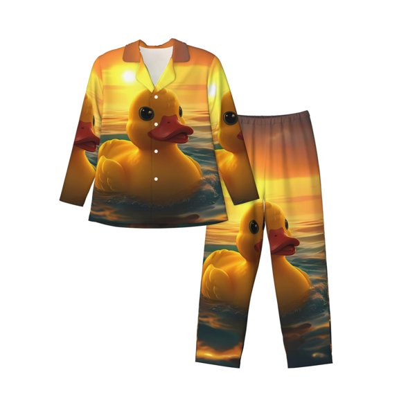 KLL Cartoon Swimming Yellow Duck Sleepwear Mens Flannel Pajamas,Long Cotton Pj Set