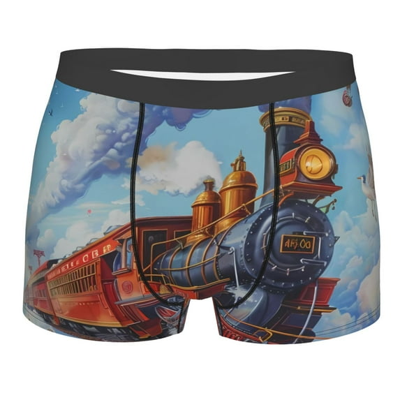 KLL Cartoon Train Hot Air Balloon Men's Cotton Boxer Briefs Underwear-Small