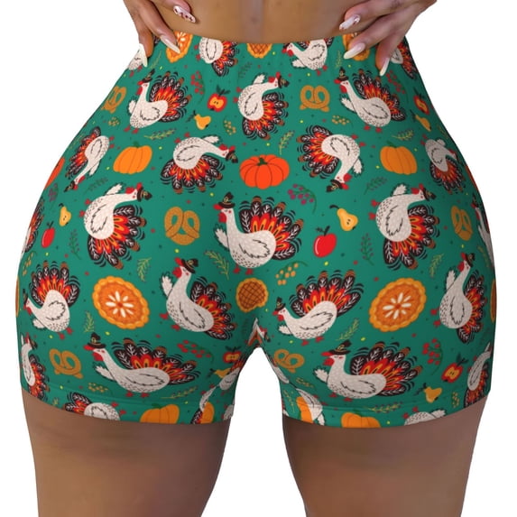 KLL Cartoon Turkey Pattern Workout Shorts for Women Scrunch Short Gym Yoga Running Sport Active Exercise Fitness Shorts