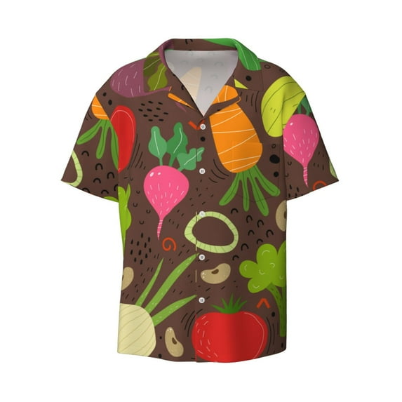 KLL Cartoon Vegetables Print Men's Shirt Short Sleeve Button Down Summer Cuba Beach Shirts- X-Large