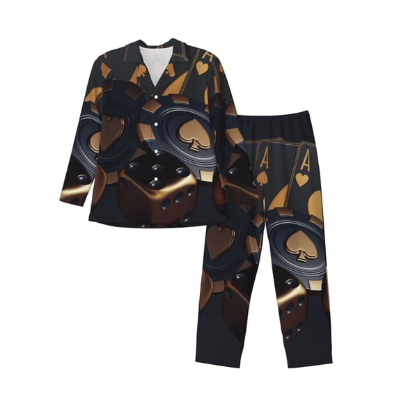 KLL Casino Cards Poker Sleepwear Mens Flannel Pajamas,Long Cotton Pj Set