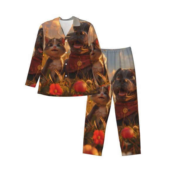 KLL Cat Dog Friendship Sleepwear Mens Flannel Pajamas,Long Cotton Pj Set
