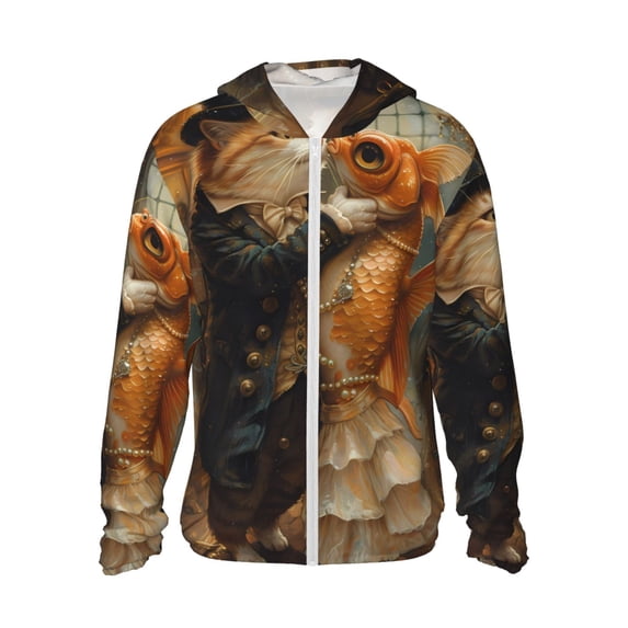 KLL Cat Fish Dance Vintage Print Men's Women’s UPF 50+ Sun Protection Outdoor Hoodie Jacket Long Sleeve Fishing Hiking Performance Shirt- Large