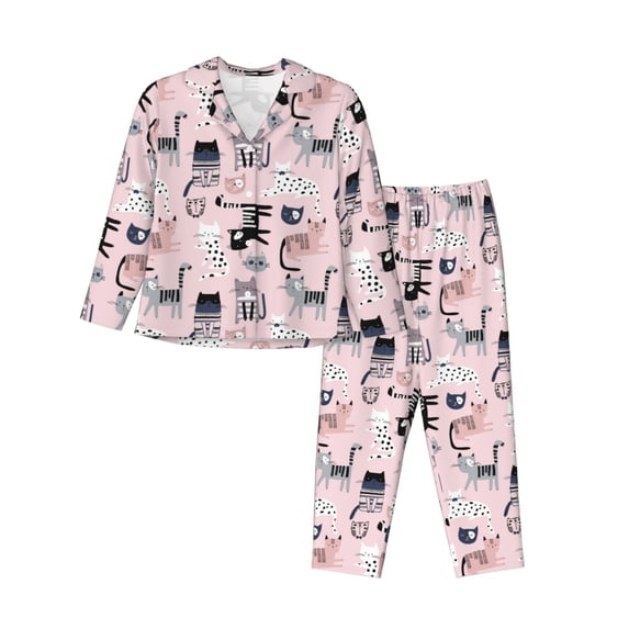 KLL Cat Print Women's Long Sleeve Pajamas with Pants Sleepwear Loungewear 2 Set-X-Large