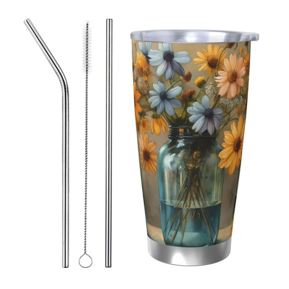 KLL Charming Daisy Bouquet Art Print 40oz Stainless Steel Insulated Car Cup with Spillproof Lid - Keep Your Drink Hot or Cold on the Go-Straw Three-piece Set