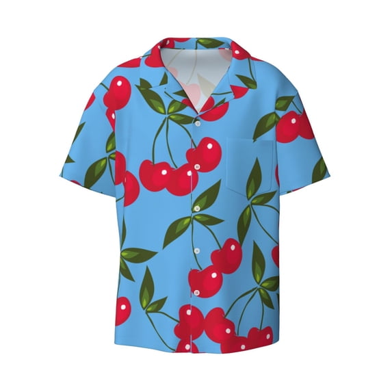 KLL Cherry Print Men's Shirt Short Sleeve Button Down Summer Cuba Beach Shirts- Medium
