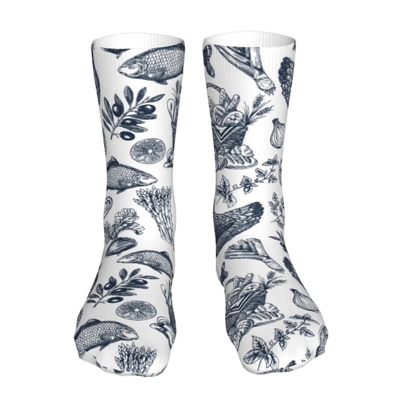 KLL Chicken And Fish Print Womens Crew Socks Athletic Middle Tube Long Socks Novelty Socks Gifts For Men