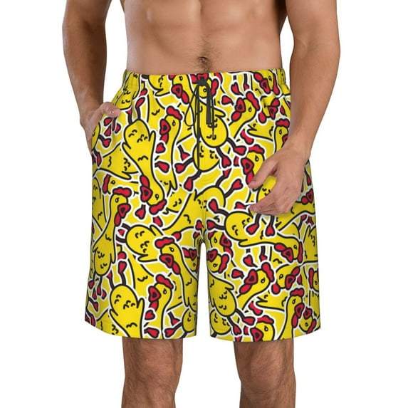KLL Chicken Cartoon Men's Casual Summer Beach Shorts Hawaiian Shorts with Pockets-X-Large