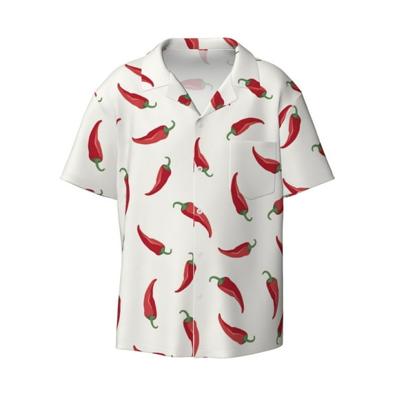 KLL Chili Print Men's Shirt Short Sleeve Button Down Summer Cuba Beach Shirts- Small