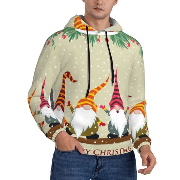 KLL Christmas Card With Gnomes Print Mens Hoodie Long Sleeve Casual Pullover Hooded Sweatshirt Fashion Drawstring Hoodies with Pocket-Medium