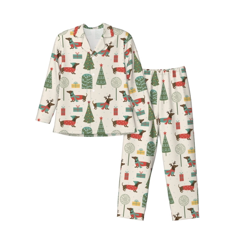 KLL Christmas Dachshund Dog Sleepwear Mens Flannel Pajamas,Long