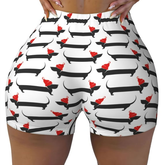 KLL Christmas Dachshund Pattern Workout Shorts for Women Scrunch Short Gym Yoga Running Sport Active Exercise Fitness Shorts