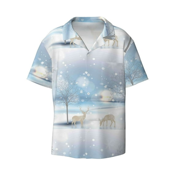 KLL Christmas Deer Print Men's Shirt Short Sleeve Button Down Summer Cuba Beach Shirts- 4X-Large