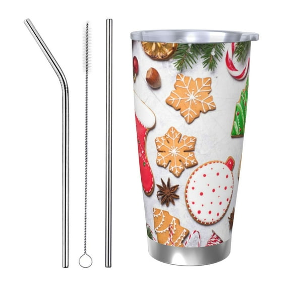 KLL Christmas Gingerbread Cookies Print 40oz Stainless Steel Insulated Car Cup with Spillproof Lid - Keep Your Drink Hot or Cold on the Go-Straw Three-piece Set