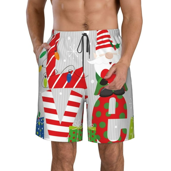KLL Christmas Gnome With Love Men's Casual Summer Beach Shorts Hawaiian Shorts with Pockets-Small