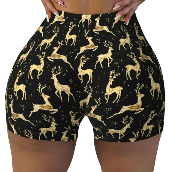 KLL Christmas Gold Deers Pattern Workout Shorts for Women Scrunch Short Gym Yoga Running Sport Active Exercise Fitness Shorts