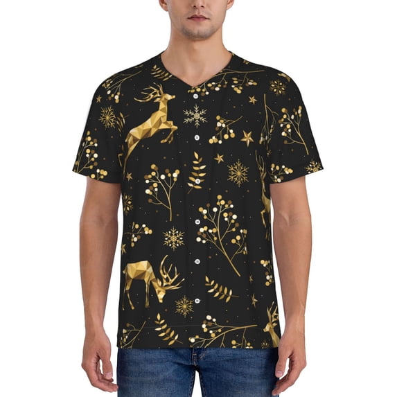 KLL Christmas Gold Deers1 for Men's Baseball Shirts,Short Sleeve Casual Shirts Button Down Shirt for Men Beach Summer Wedding Shirt-4X-Large