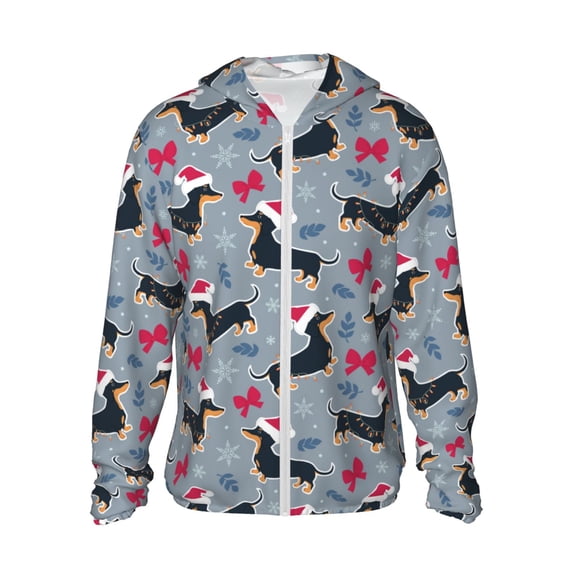 KLL Christmas Hat Dachshund Print Men's Women’s UPF 50+ Sun Protection Outdoor Hoodie Jacket Long Sleeve Fishing Hiking Performance Shirt- XX-Large
