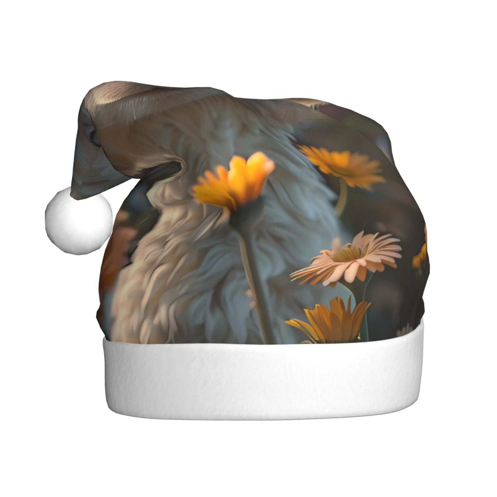 KLL Christmas Hats for Adults Plush Adorable Llama In Flowers Print Santa Hat Xmas Fluffy Santa Claus Hat for Women Men
