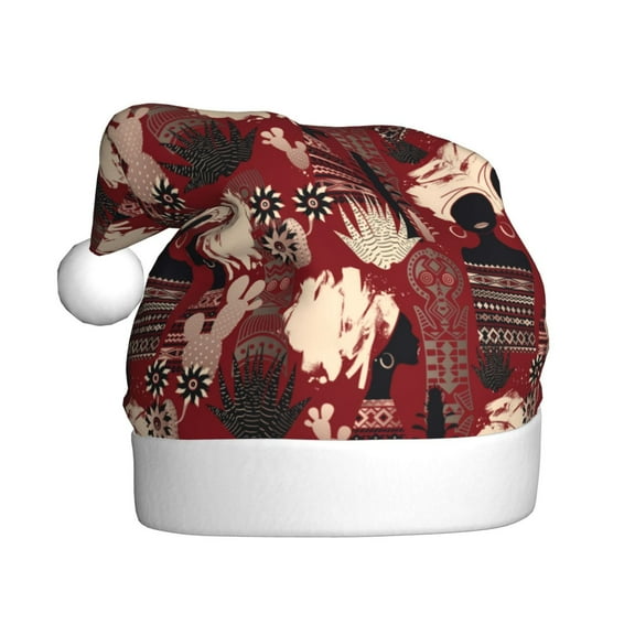 KLL Christmas Hats for Adults Plush African Women A Print Santa Hat Xmas Fluffy Santa Claus Hat for Women Men