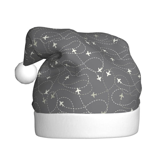 KLL Christmas Hats for Adults Plush Airplane Routes Around The World Print Santa Hat Xmas Fluffy Santa Claus Hat for Women Men