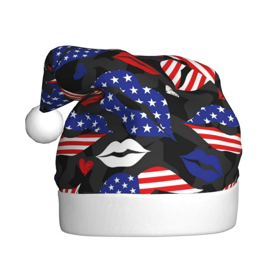 KLL Christmas Hats for Adults Plush American With Lips Print Santa Hat Xmas Fluffy Santa Claus Hat for Women Men