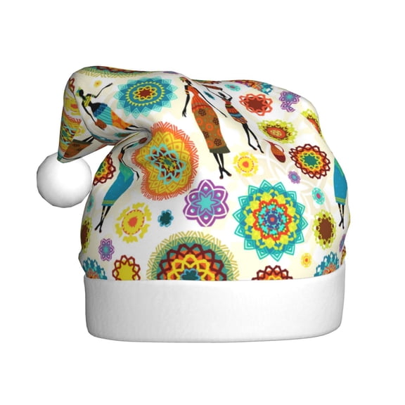 KLL Christmas Hats for Adults Plush Beautiful African Womens Print Santa Hat Xmas Fluffy Santa Claus Hat for Women Men
