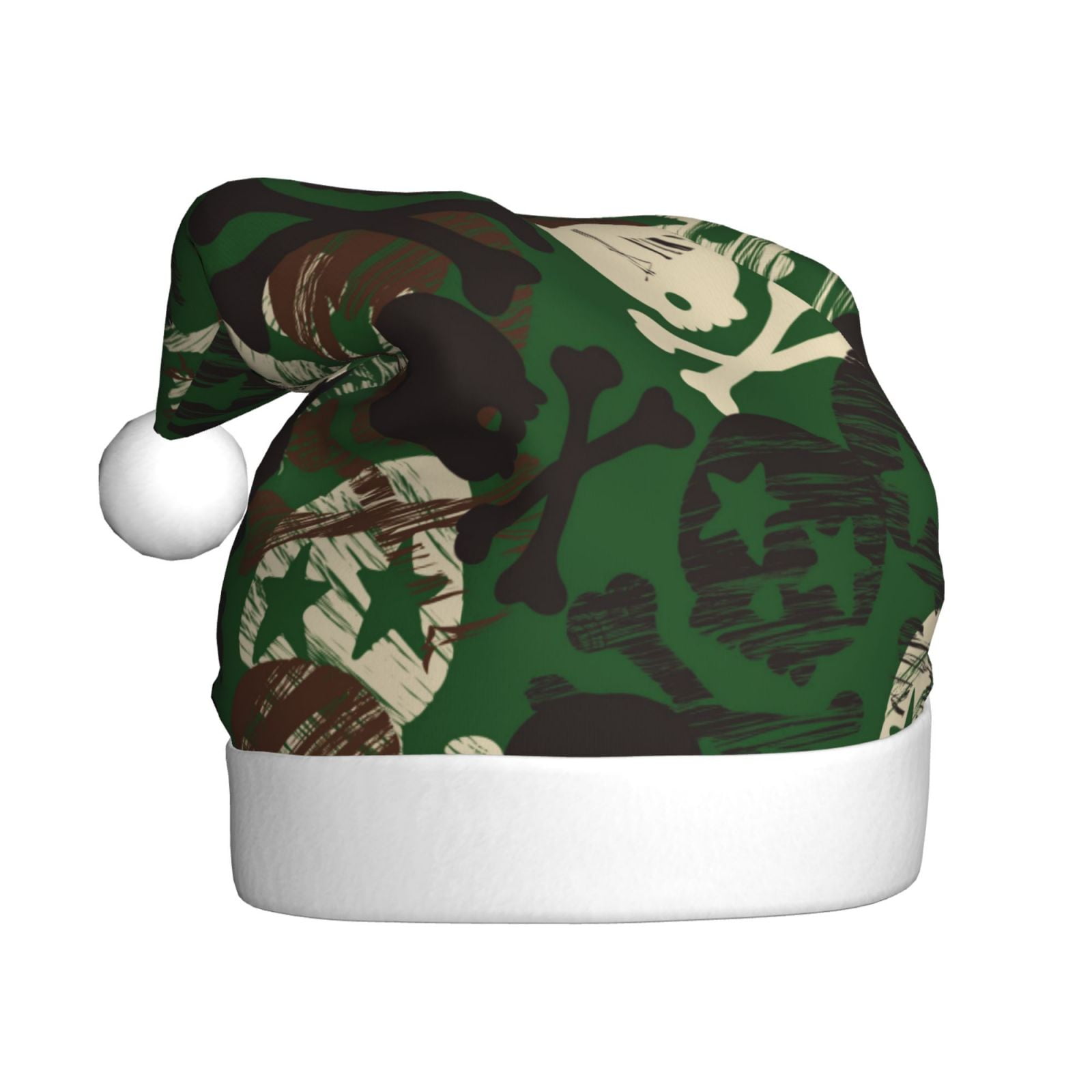 KLL Christmas Hats for Adults Plush Camouflage Skull Print Santa Hat Xmas Fluffy Santa Claus Hat for Women Men