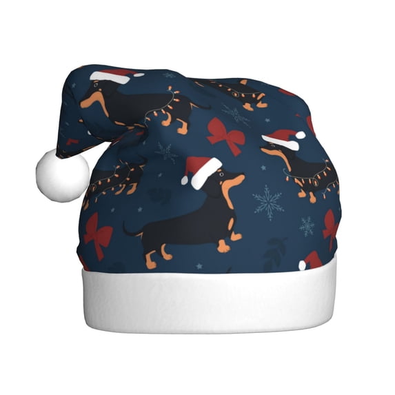 KLL Christmas Hats for Adults Plush Christmas Dachshund Print Santa Hat Xmas Fluffy Santa Claus Hat for Women Men