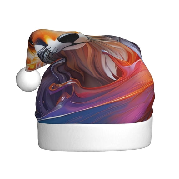 KLL Christmas Hats for Adults Plush Color Splash Fox Portrait Print Santa Hat Xmas Fluffy Santa Claus Hat for Women Men