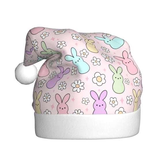 KLL Christmas Hats for Adults Plush Colorful Bunny Print Santa Hat Xmas Fluffy Santa Claus Hat for Women Men