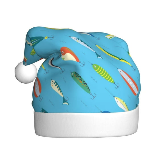KLL Christmas Hats for Adults Plush Different Color Fishing Bait Print Santa Hat Xmas Fluffy Santa Claus Hat for Women Men
