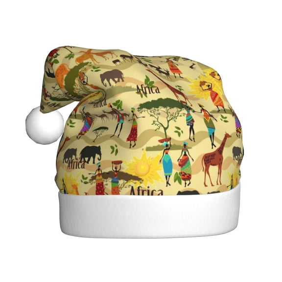 KLL Christmas Hats for Adults Plush Ethnic African Print Santa Hat Xmas Fluffy Santa Claus Hat for Women Men
