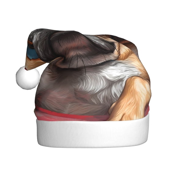 KLL Christmas Hats for Adults Plush French Bulldog In Sunglasses Print Santa Hat Xmas Fluffy Santa Claus Hat for Women Men