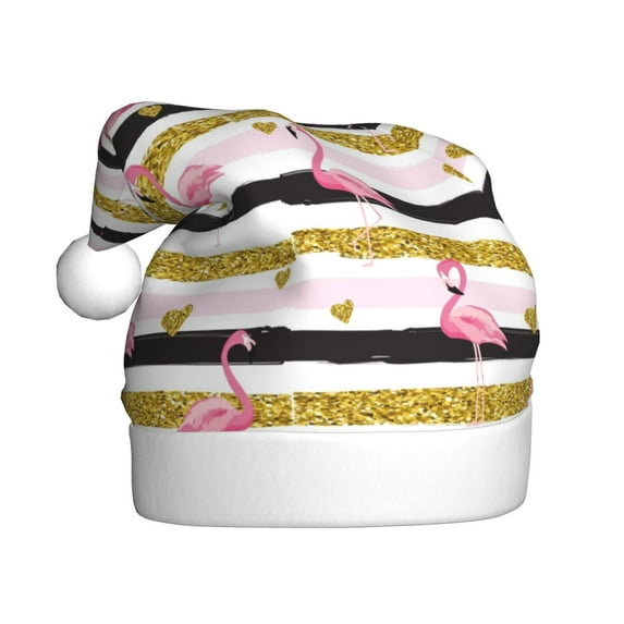 KLL Christmas Hats for Adults Plush Gold Glittering Hearts and Flamingos Print Santa Hat Xmas Fluffy Santa Claus Hat for Women Men