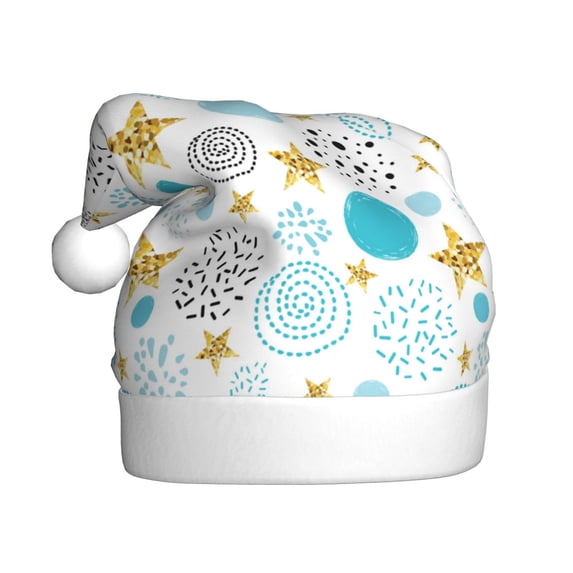 KLL Christmas Hats for Adults Plush Gold Stars Blue Dots Pattern Print Santa Hat Xmas Fluffy Santa Claus Hat for Women Men