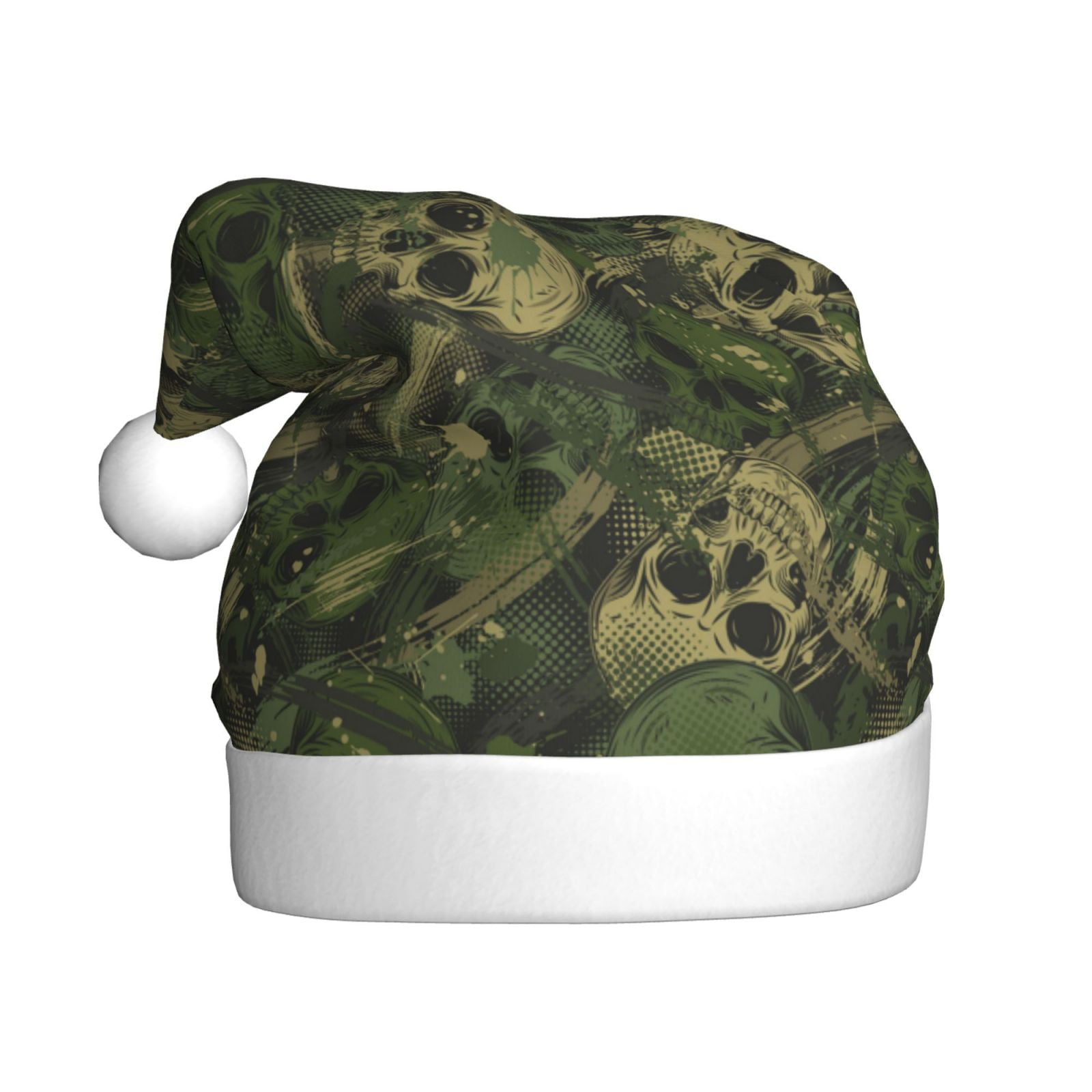 KLL Christmas Hats for Adults Plush Green Camouflage Skull Print Santa Hat Xmas Fluffy Santa Claus Hat for Women Men