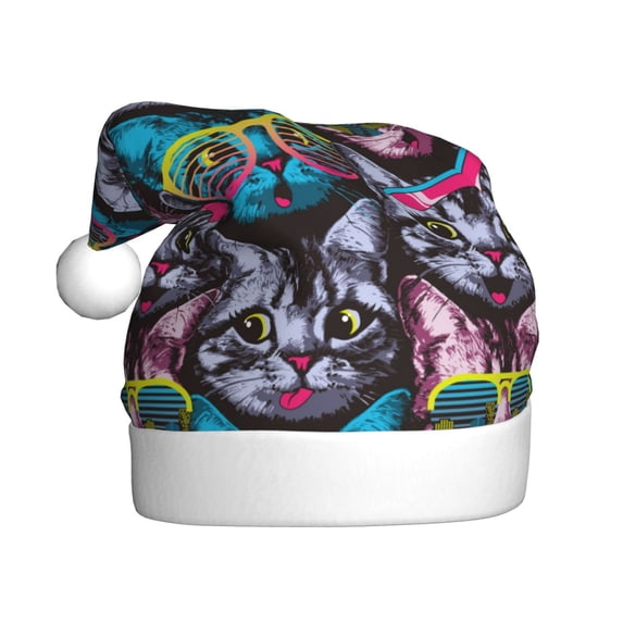 KLL Christmas Hats for Adults Plush Happy Kitten Faces Print Santa Hat Xmas Fluffy Santa Claus Hat for Women Men