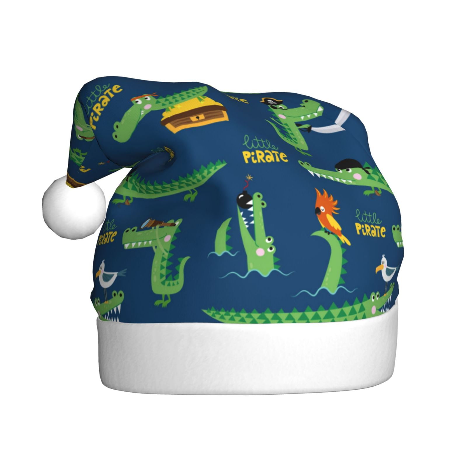 KLL Christmas Hats for Adults Plush Little Pirate Crocodile Print Santa Hat Xmas Fluffy Santa Claus Hat for Women Men