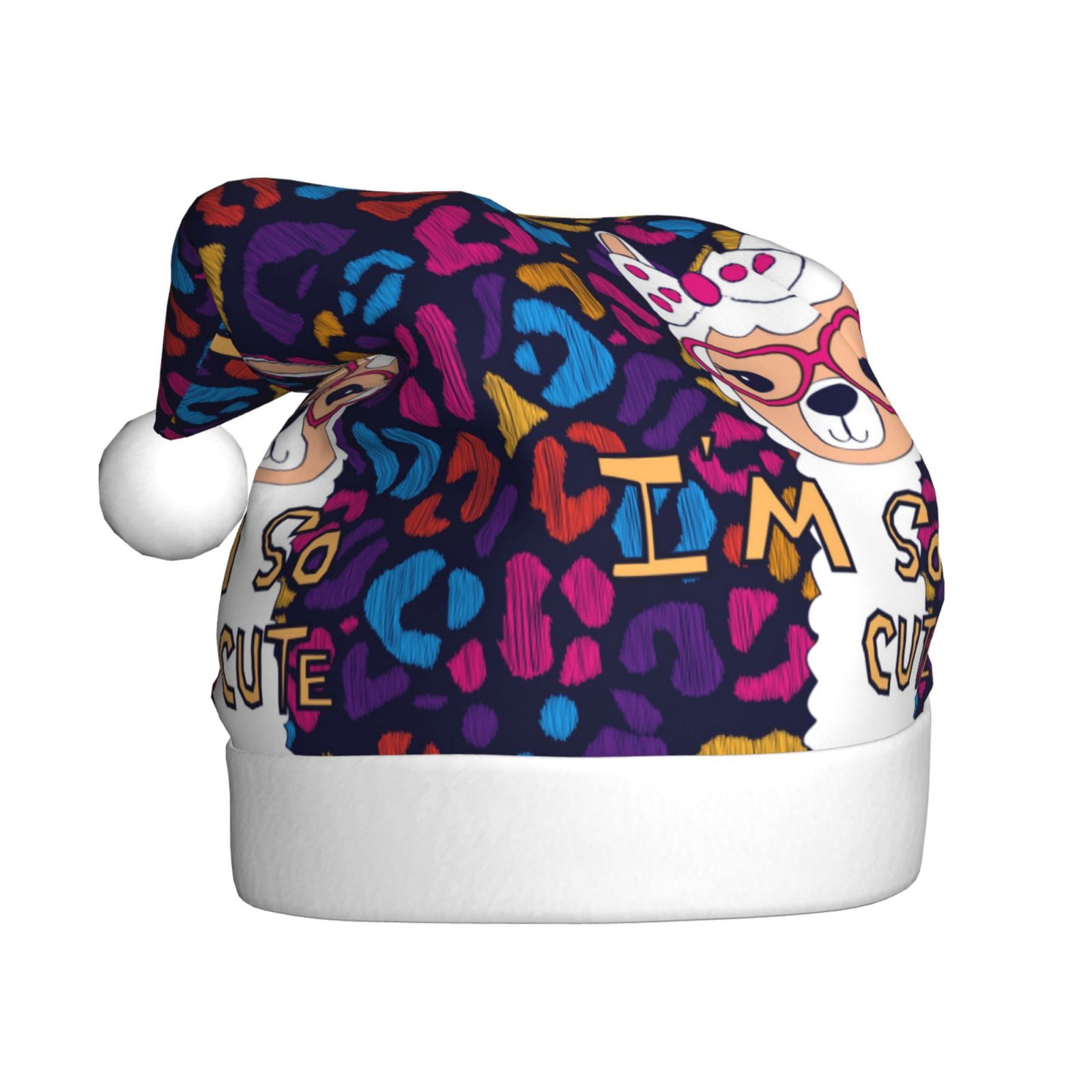 KLL Christmas Hats for Adults Plush Llama Alpaca Print Santa Hat Xmas Fluffy Santa Claus Hat for Women Men