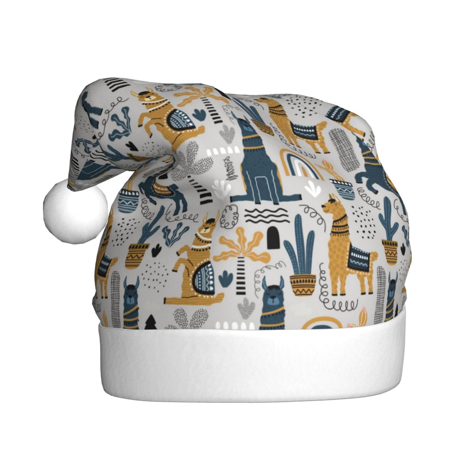 KLL Christmas Hats for Adults Plush Llama and Cactus1 Print Santa Hat Xmas Fluffy Santa Claus Hat for Women Men