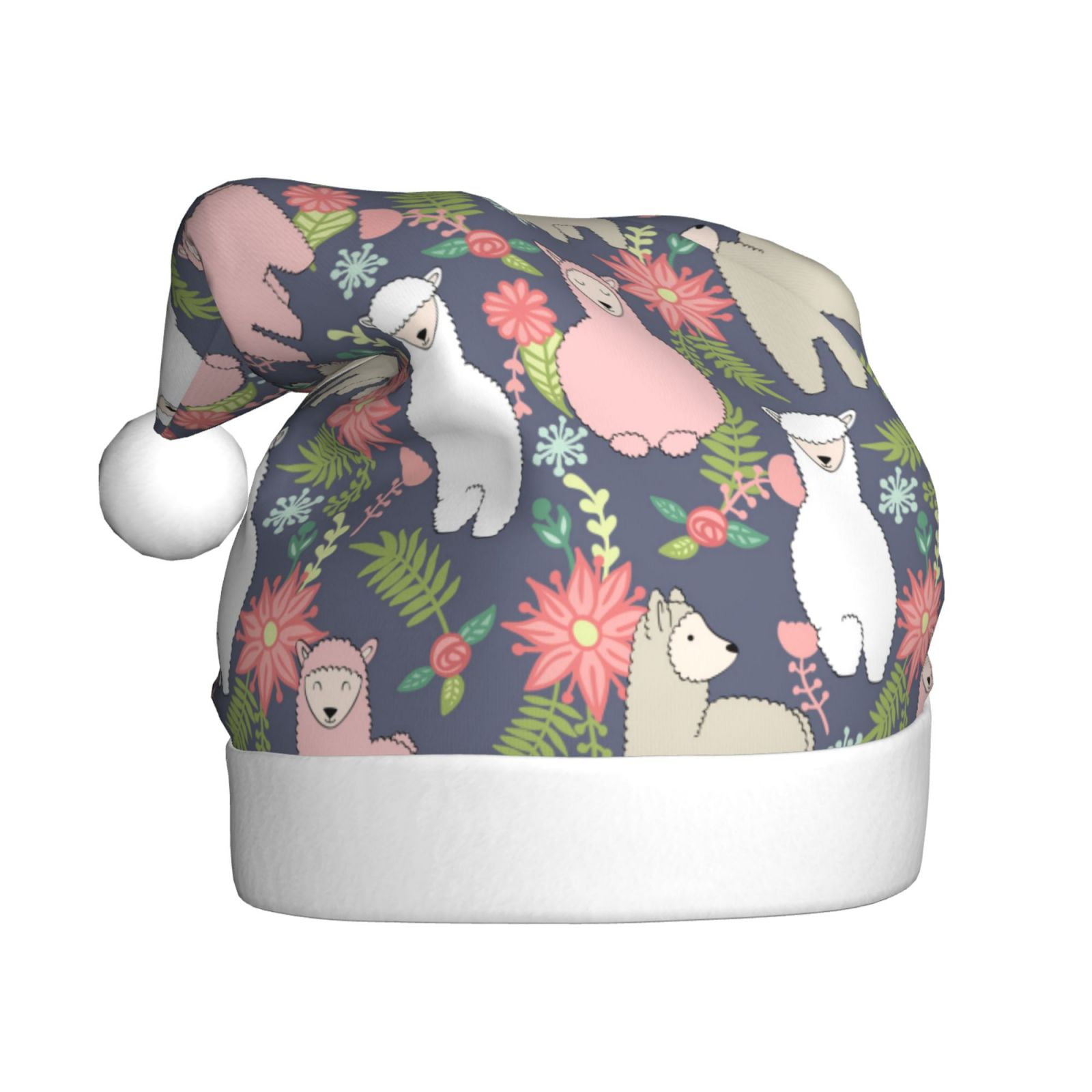 KLL Christmas Hats for Adults Plush Llamas Print Santa Hat Xmas Fluffy Santa Claus Hat for Women Men