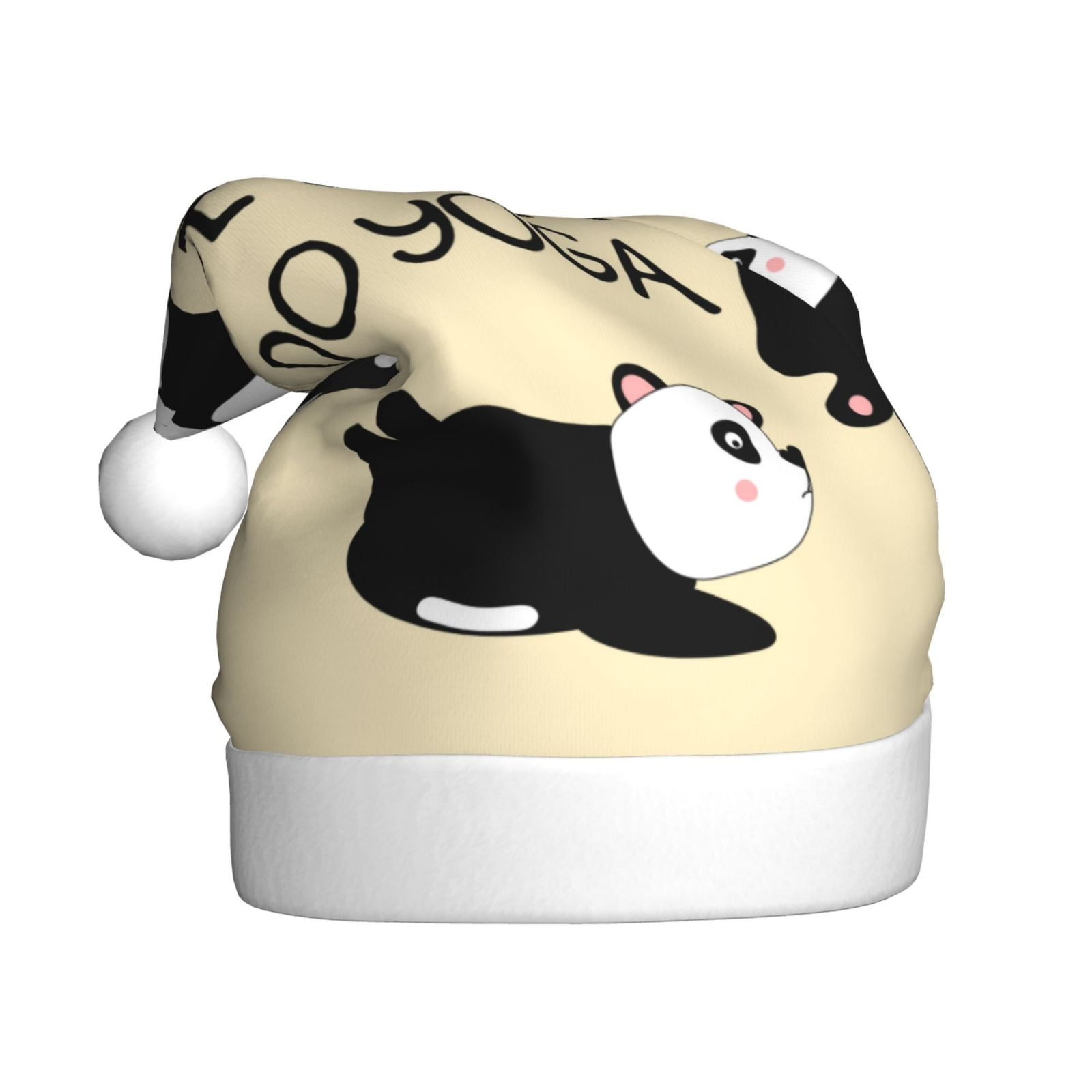 KLL Christmas Hats for Adults Plush Panda Doing Yoga Print Santa Hat Xmas Fluffy Santa Claus Hat for Women Men