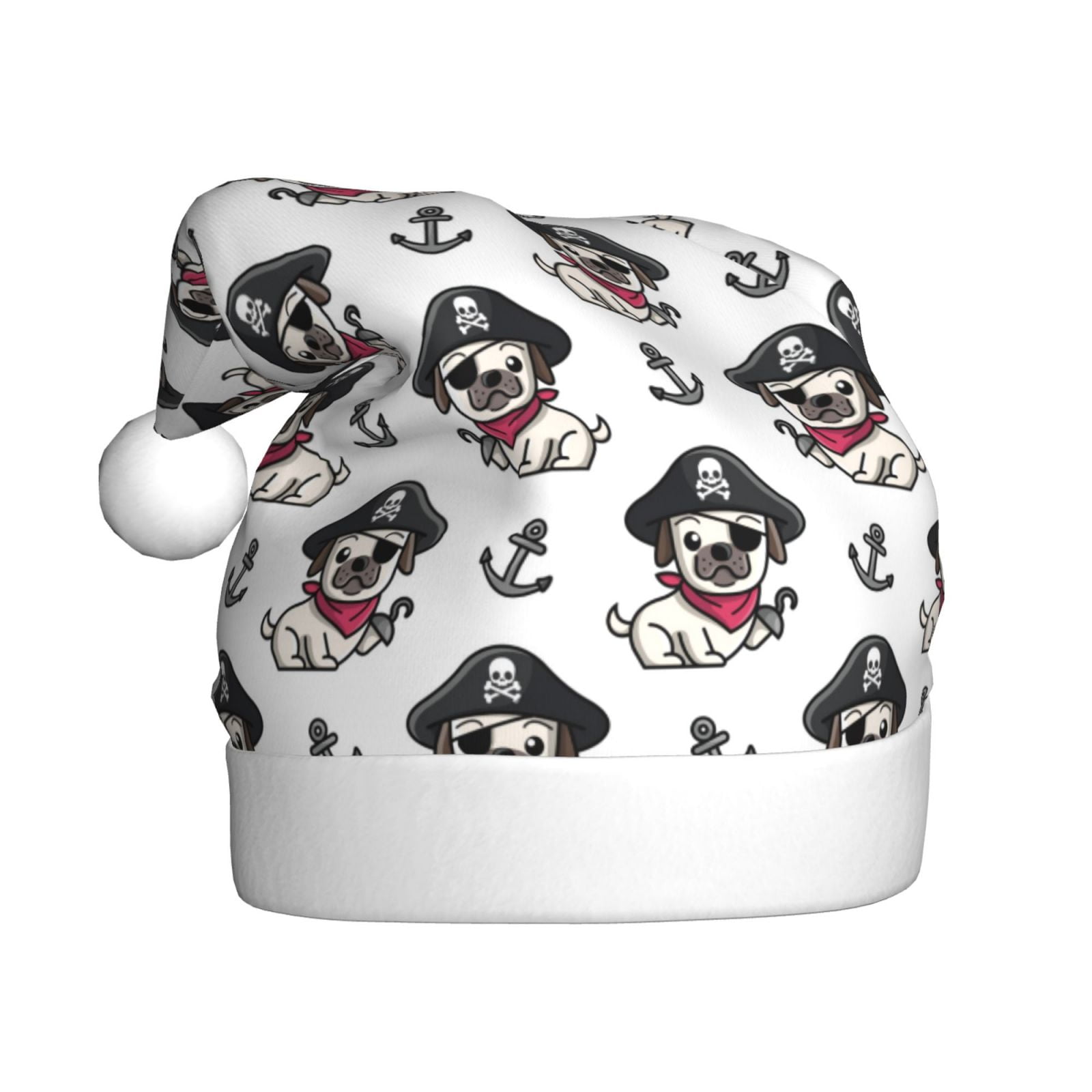 KLL Christmas Hats for Adults Plush Pirate Puppy Print Santa Hat Xmas Fluffy Santa Claus Hat for Women Men