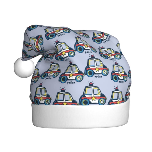 KLL Christmas Hats for Adults Plush Police Car Print Santa Hat Xmas Fluffy Santa Claus Hat for Women Men