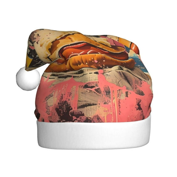 KLL Christmas Hats for Adults Plush Psychedelic Band Hotdog Art Print Santa Hat Xmas Fluffy Santa Claus Hat for Women Men